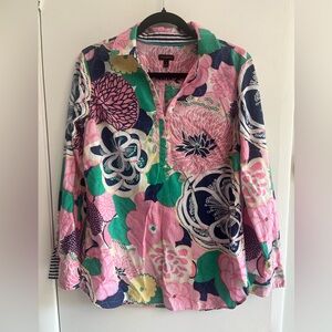 Talbots Pink and Green Beautiful Floral Graphic quarter Button Down Shirt M